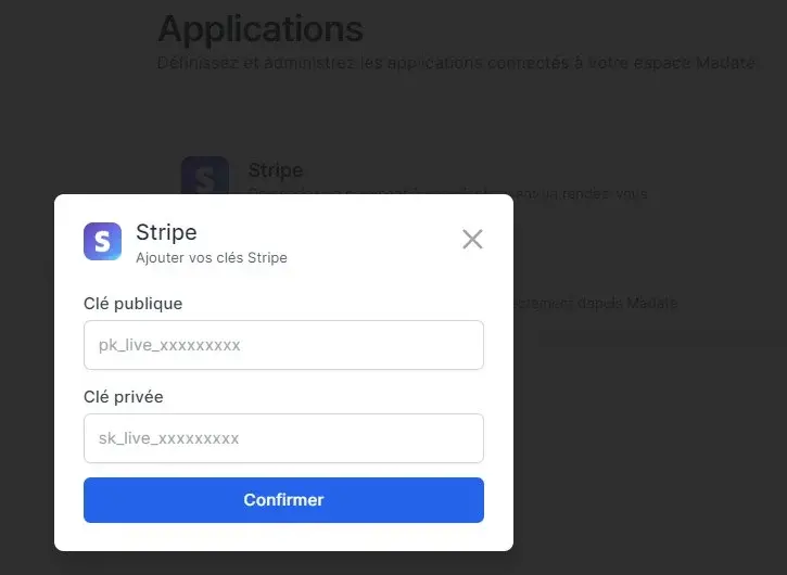 Clés API Stripe sur Madate