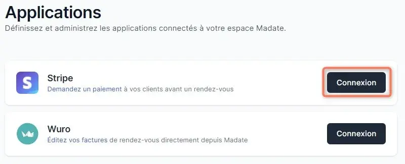 Connexion Stripe sur Madate