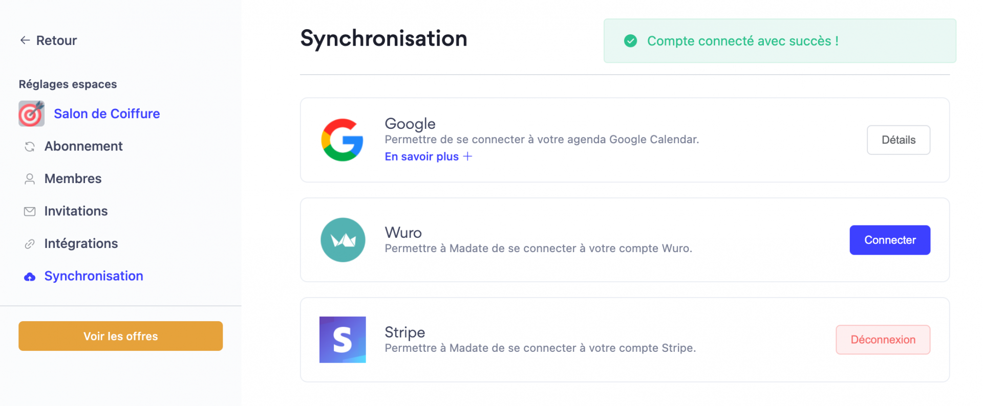 Message validation connexion stripe madate
