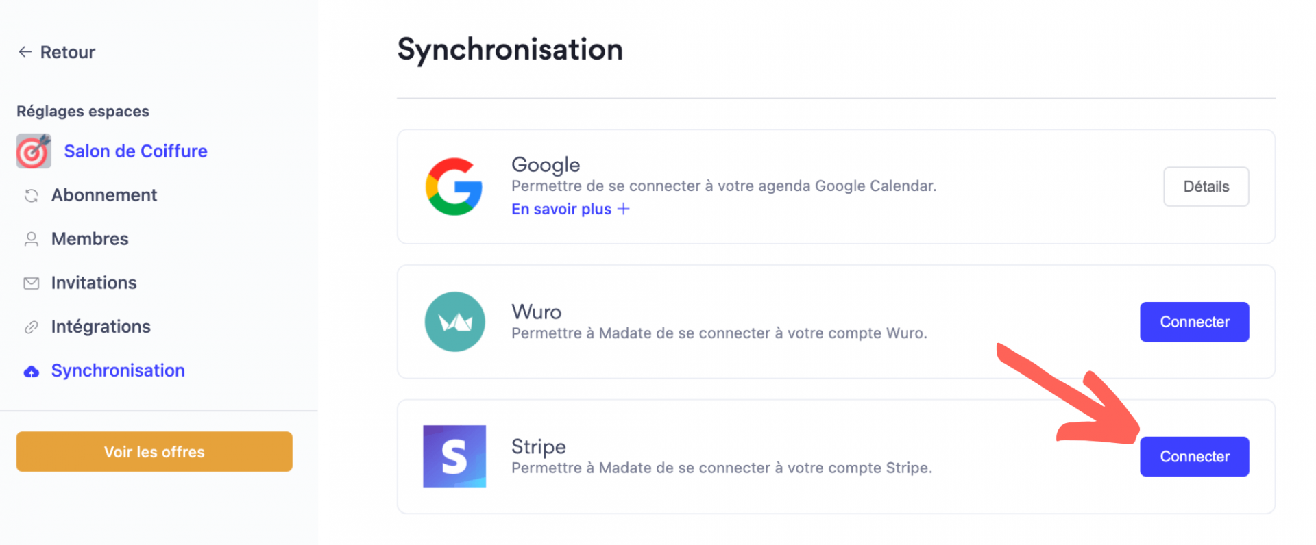 Connexion Stripe sur Madate