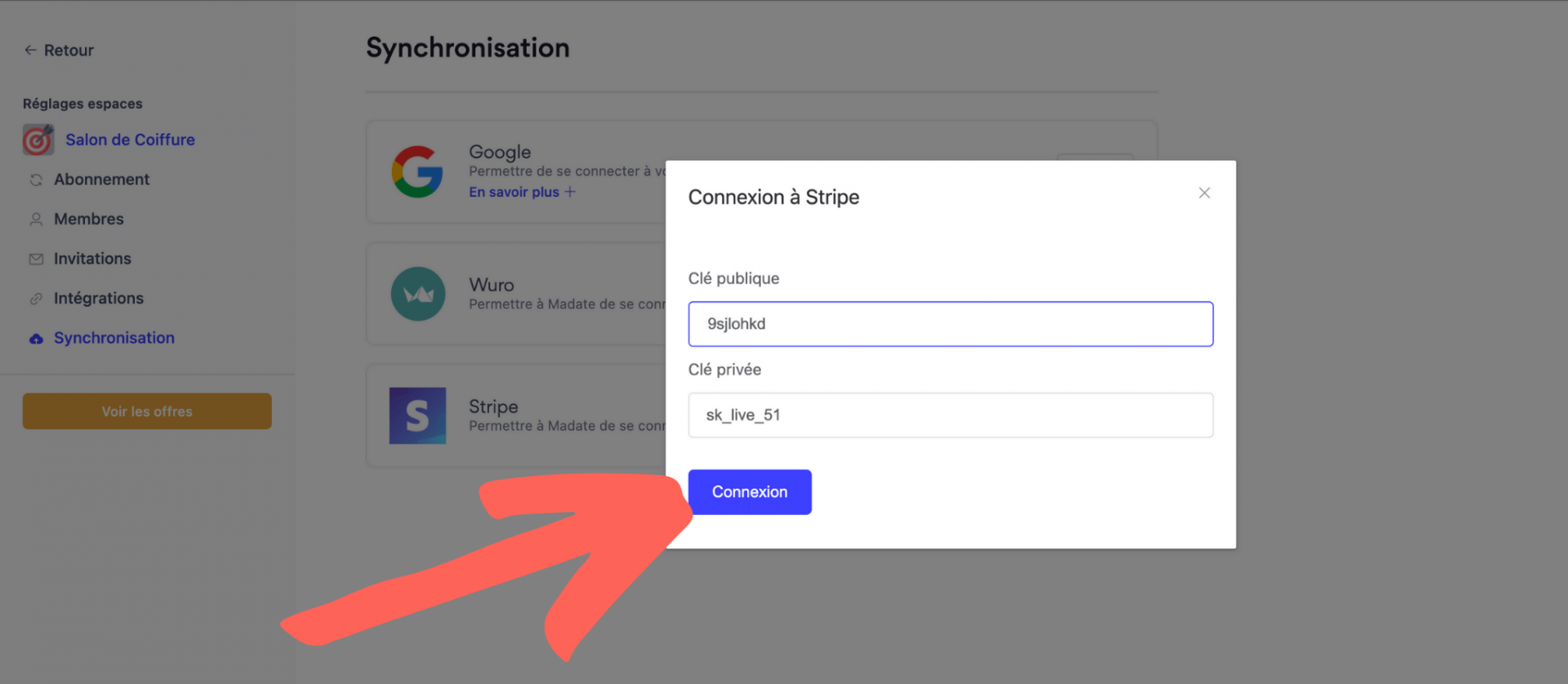 Intégration Clé API Stripe dans Madate